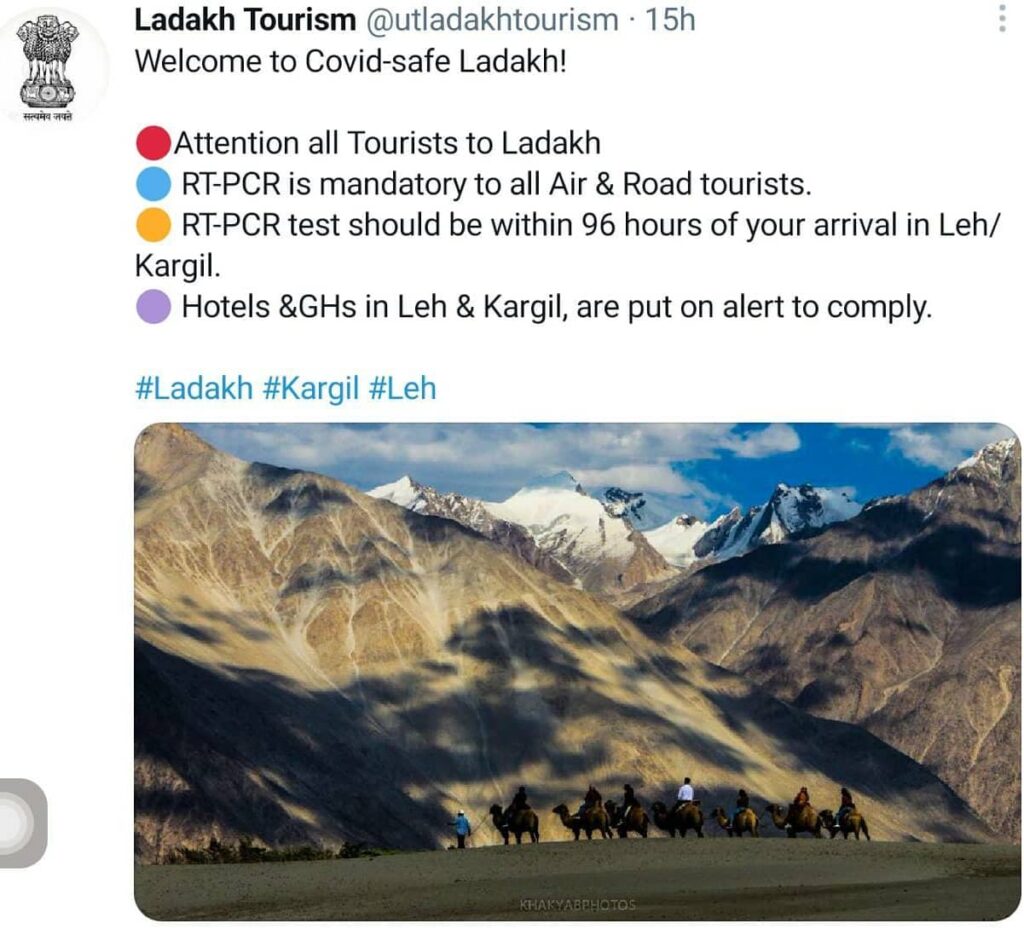 RTPCR TEST Mandatory for all tourist arriving Leh Ladakh